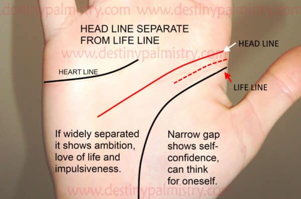 HEAD LINE SEPARATE FROM LIFE LINE, Palmistry meanings, palmistry guide